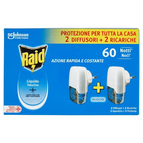 Raid Liquido Elettrico Antizanzare, Inodore, 60 Notti, 2 Diffusori e 2 Ricariche BRI1174456