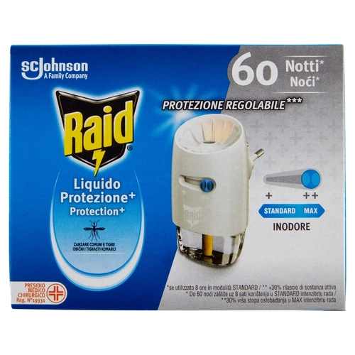 Raid Liquido Elettrico Protezione+ Antizanzare, Inodore, 60 Notti, 1 Diffusore e 1 Ricarica 36 ml BRI1318996
