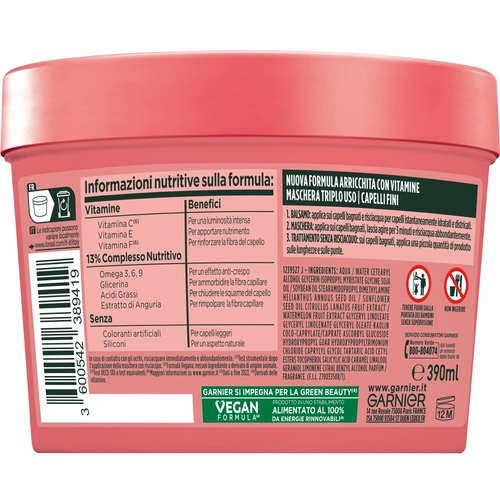 Maschera Rivitalizzante Fructis Hair Food Anguria Ideale per Capelli Fini 390ml BRI1348436