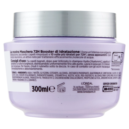 L'Oreal Paris Maschera Elvive Hydra Hyaluronic con Acido Ialuronico 72H Booster di Idratazione 300ml BRI1392319
