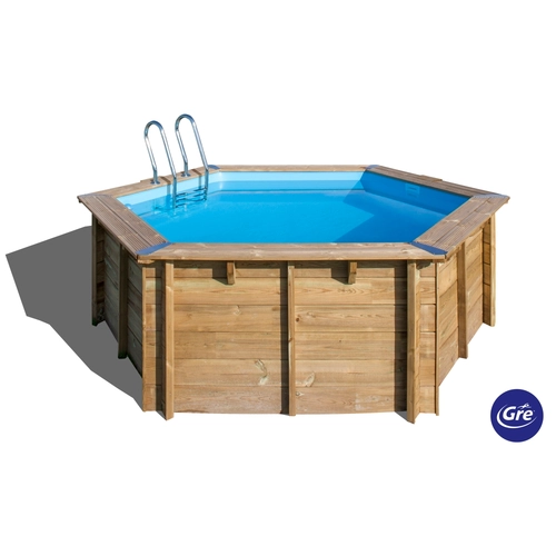 Piscina in kit in legno tonda. Dimensioni esterne: Ø 400 h 119. Dimensioni interne: Ø 343 h 116. Filtro a sabbia da 4m³/h BRI1453154