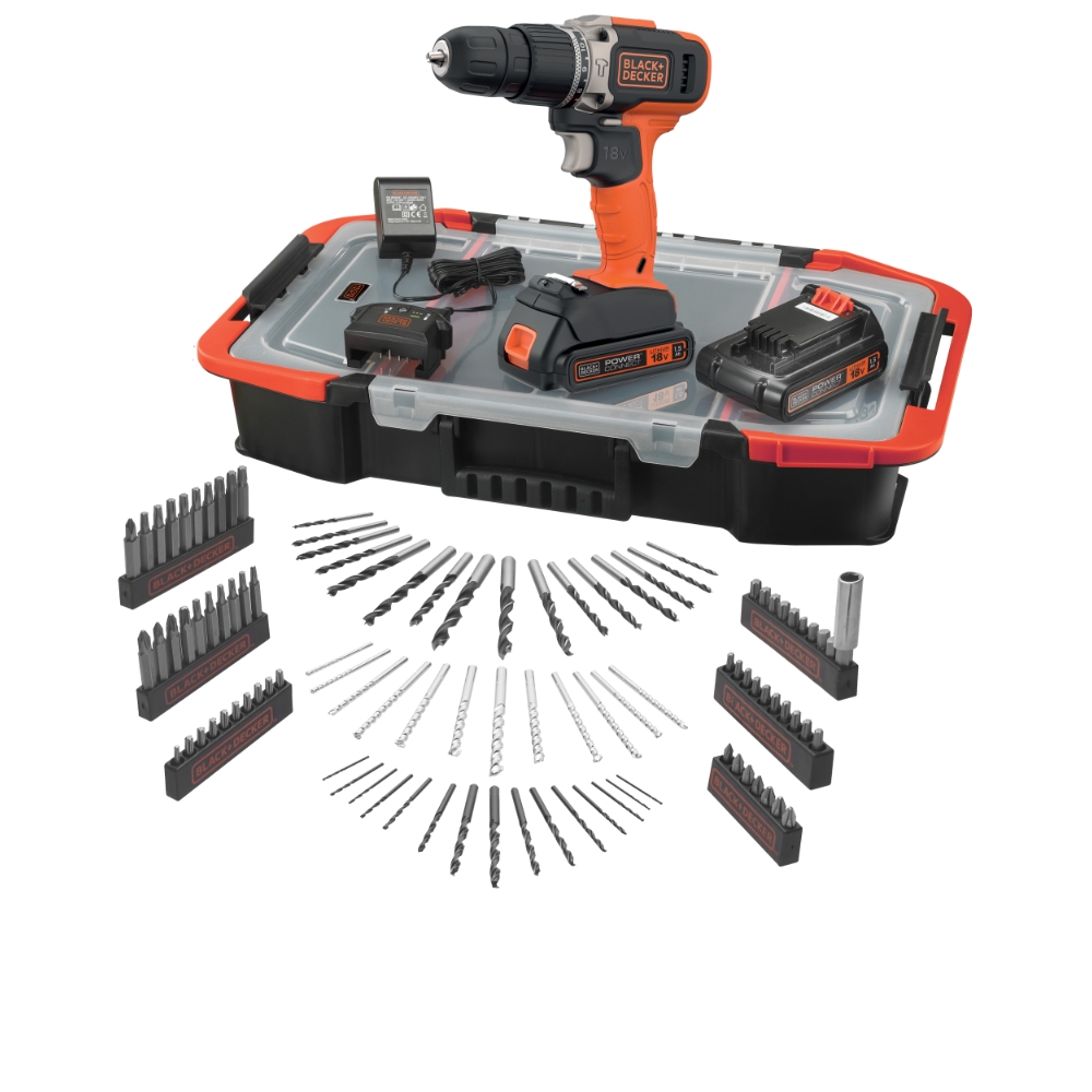 BLACK+DECKER Trapano avvitatore a percussione in Storage Box + 100 accessori