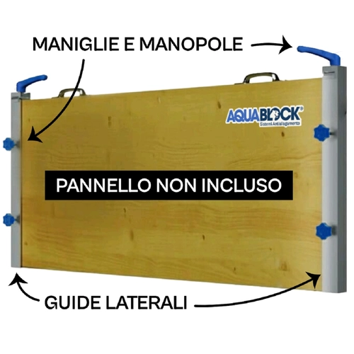 BlocKIT è il primo kit antiallagamento fai-da-te dI Aquablock che consente a privati, aziende ed enti di realizzare una barriera antiallagamento in completa autonomia utilizzando un pannello (non fornito) che rispetti i criteri di rigidità. BRI1590062